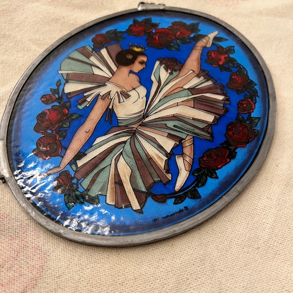 Vintage 1981 Glassmasters Oval Staibed Glass Ballet Suncatcher | No Chain
